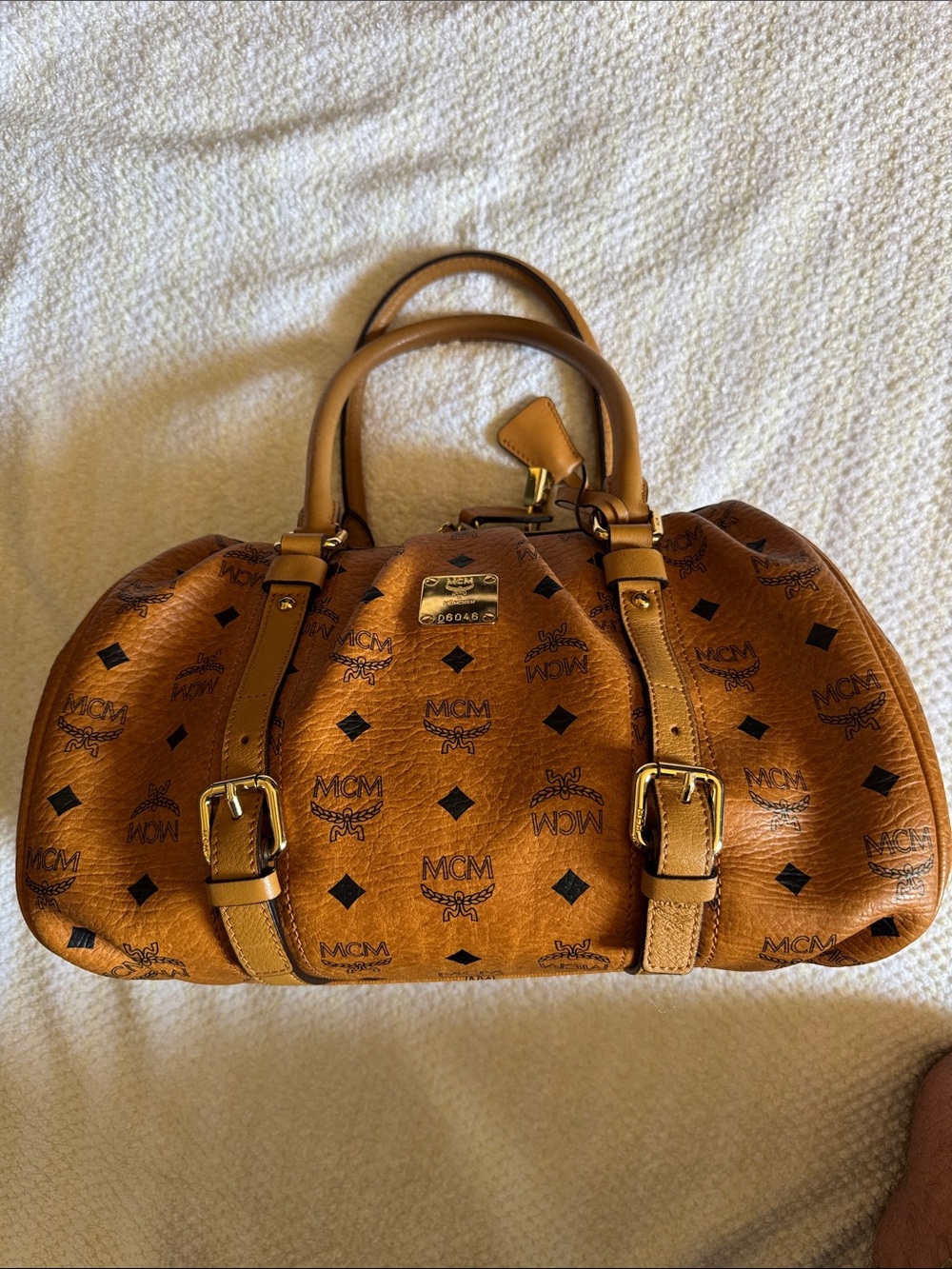 MCM Cognac Visetos Dome Satchel with Gold Hardware